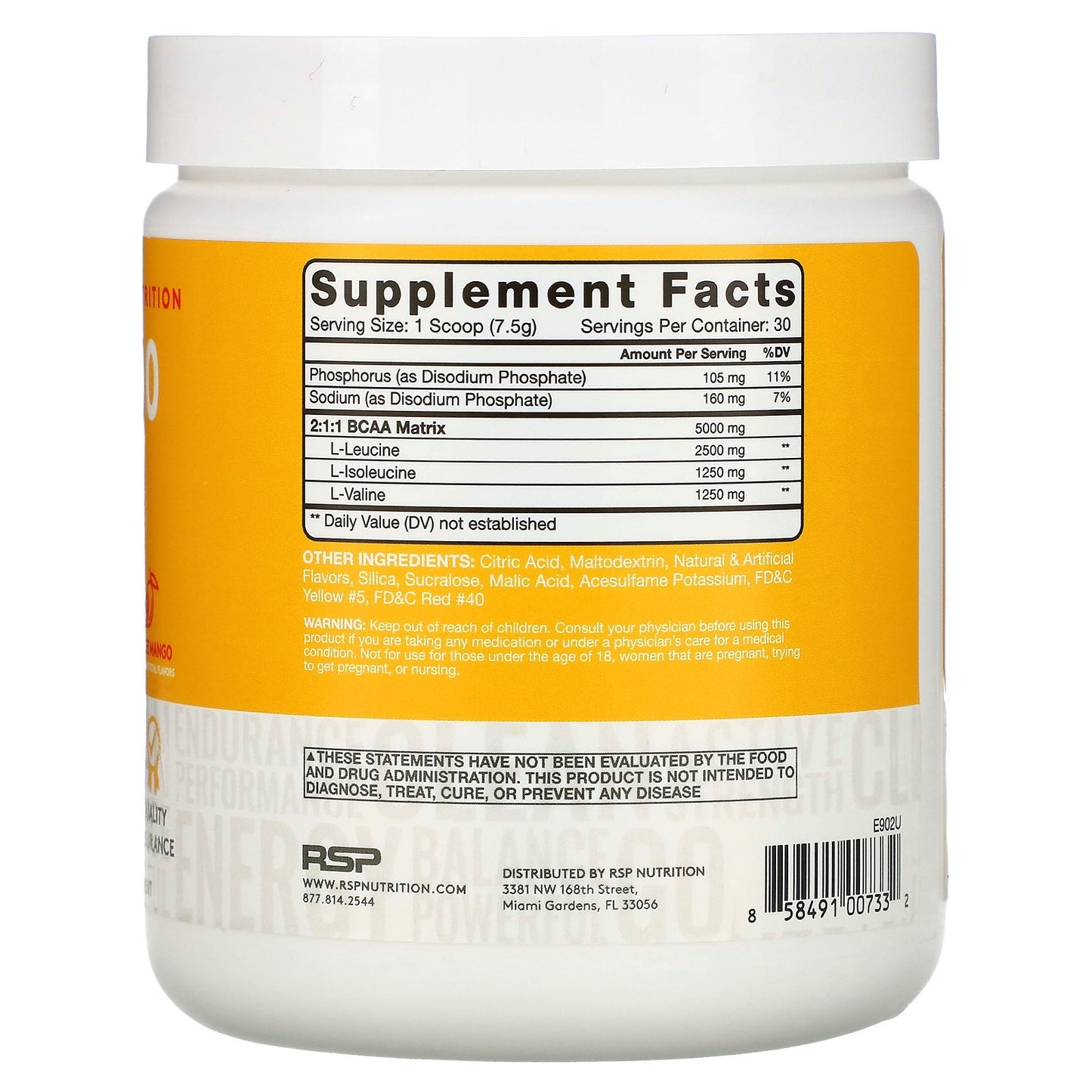 RSP Nutrition, BCAA 5000, Instantized BCAAs, Orange Mango, 7.94 oz (225 g)