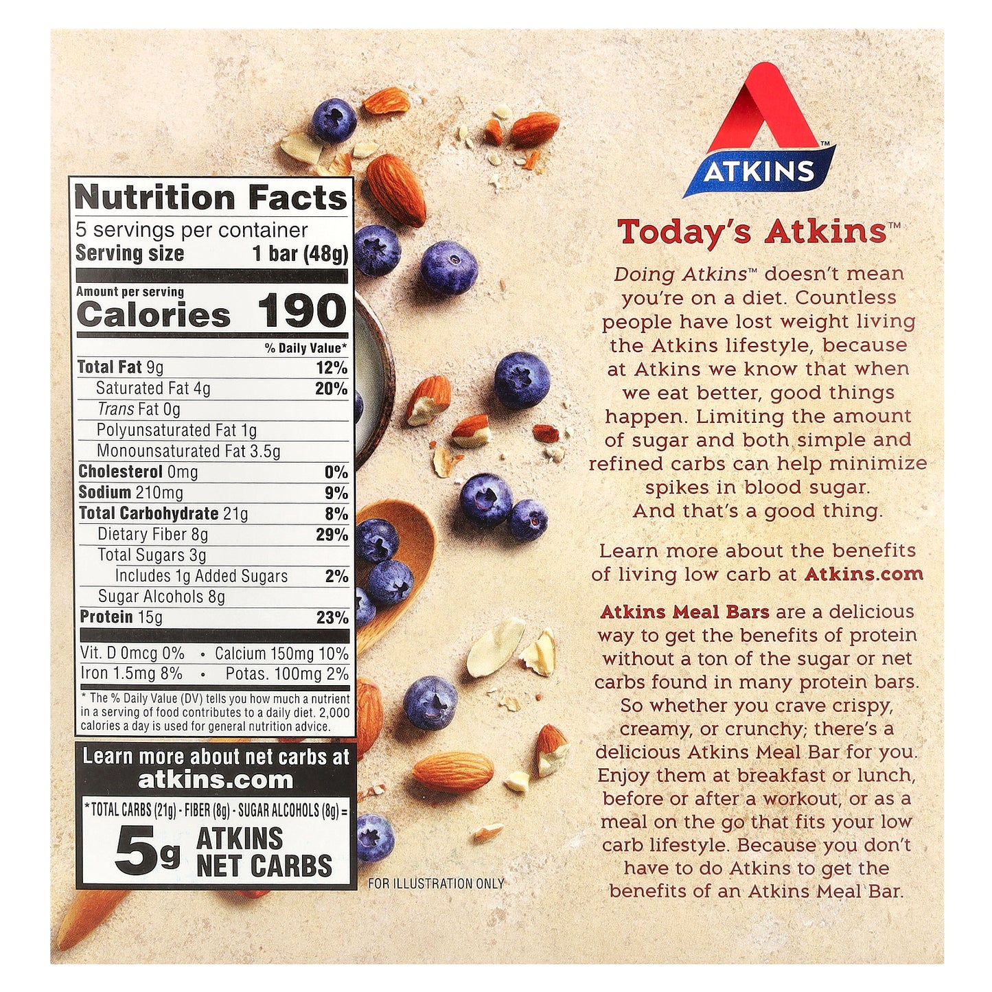 Atkins, Greek Yogurt Bar, Blueberry, 5 Bars, 1.69 oz (48 g) Each