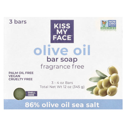 Kiss My Face, Olive Oil Bar Soap, Fragrance Free, 3 Bars, 4 oz (115 g) Each