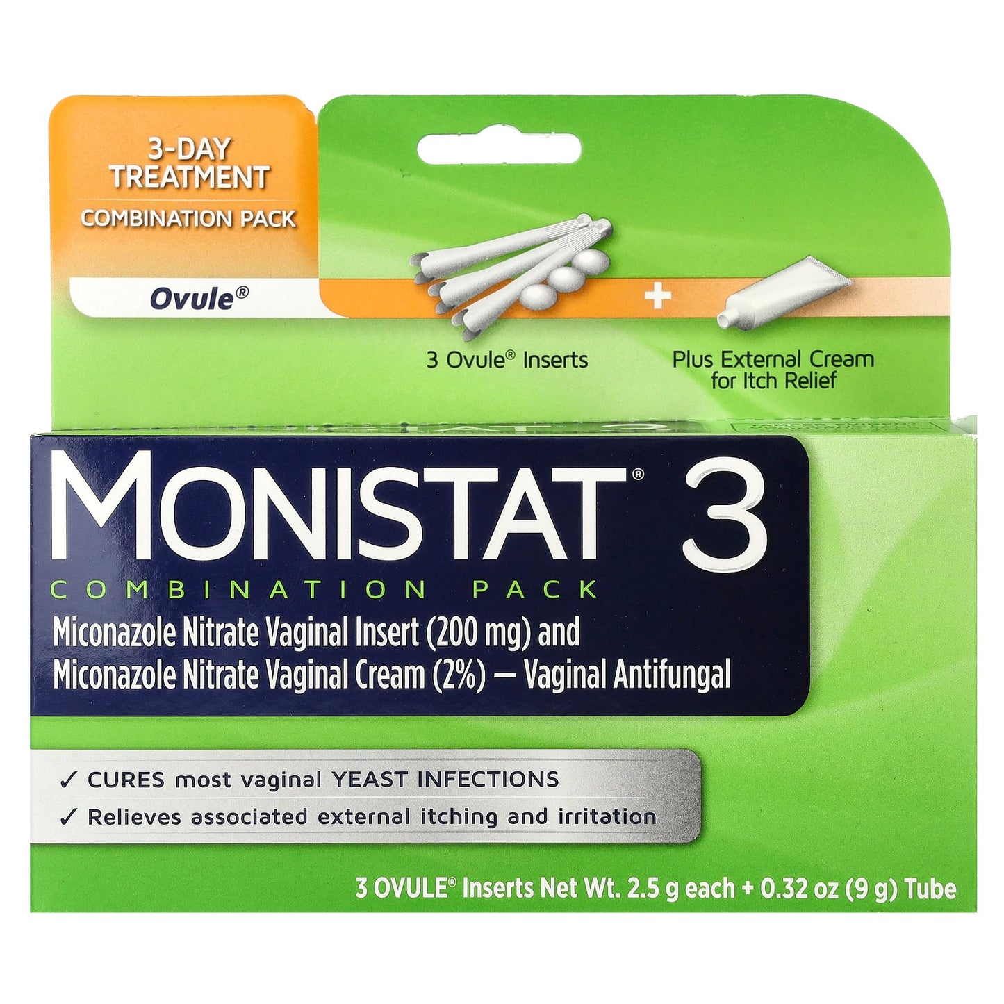 Monistat, 3-Day Treatment Combination Pack, 3 Ovule® Inserts, 2.5 g Each + 0.32 oz (9 g) Tube