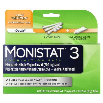 Monistat, 3-Day Treatment Combination Pack, 3 Ovule® Inserts, 2.5 g Each + 0.32 oz (9 g) Tube