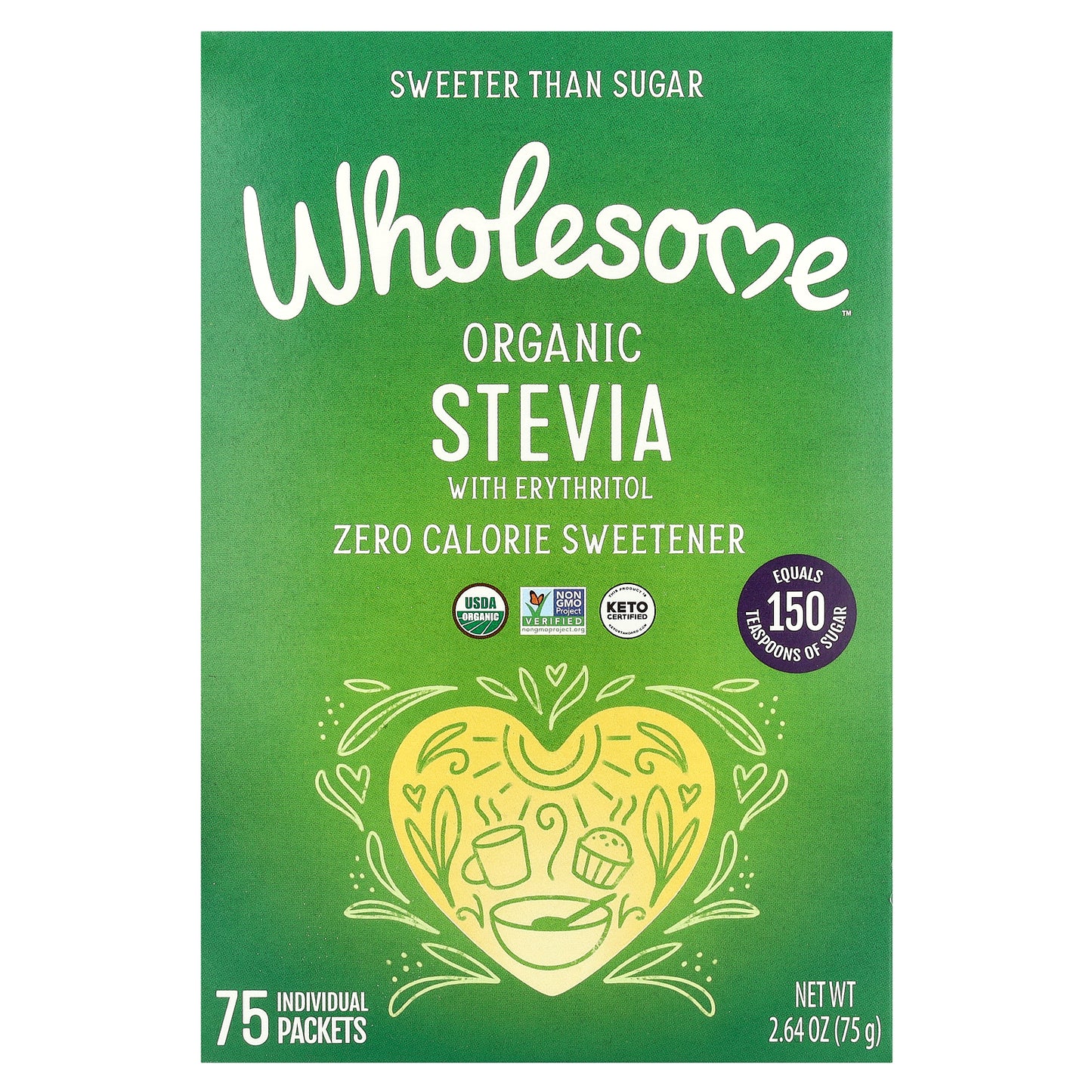Wholesome Sweeteners, Organic Stevia With Erythritol, Zero Calorie Sweetener, 75 Individual Packets, 2.64 oz (75 g)