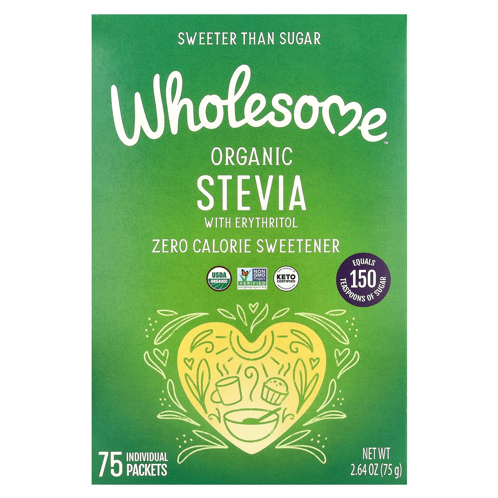 Wholesome Sweeteners, Organic Stevia With Erythritol, Zero Calorie Sweetener, 75 Individual Packets, 2.64 oz (75 g)