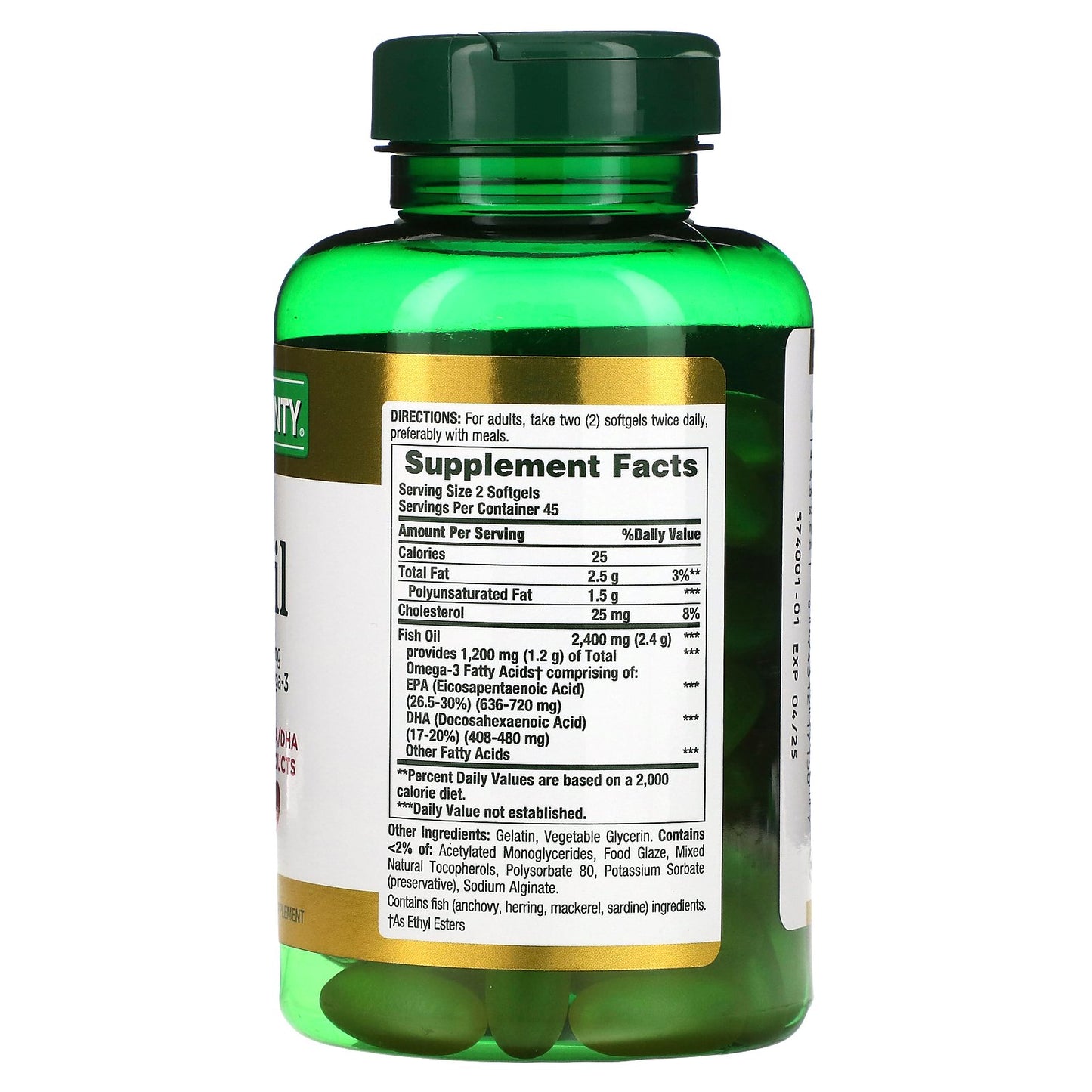 Nature's Bounty, Odorless Fish Oil, 2,400 mg, 90 Coated Softgels (1,200 mg per Softgel)