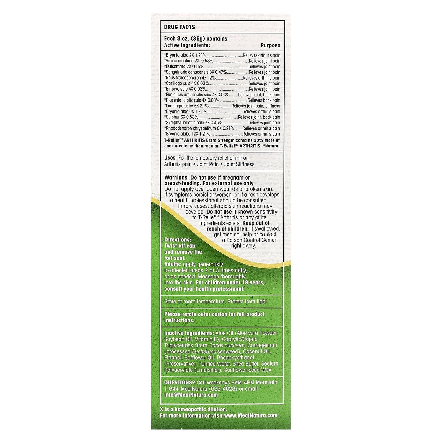 MediNatura, T-Relief, Arnica +12, Arthritis Pain Relief Cream, 3 oz (85 g)