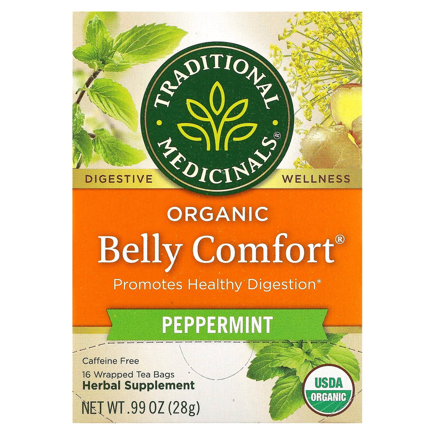 Traditional Medicinals, Organic Belly Comfort, Peppermint, Caffeine Free, 16 Wrapped Tea Bags, 0.99 oz (28 g)