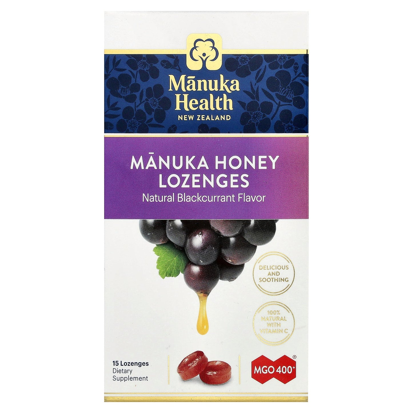 Manuka Health, Manuka Honey Lozenges, Natural Blackcurrant, MGO 400+, 15 Lozenges