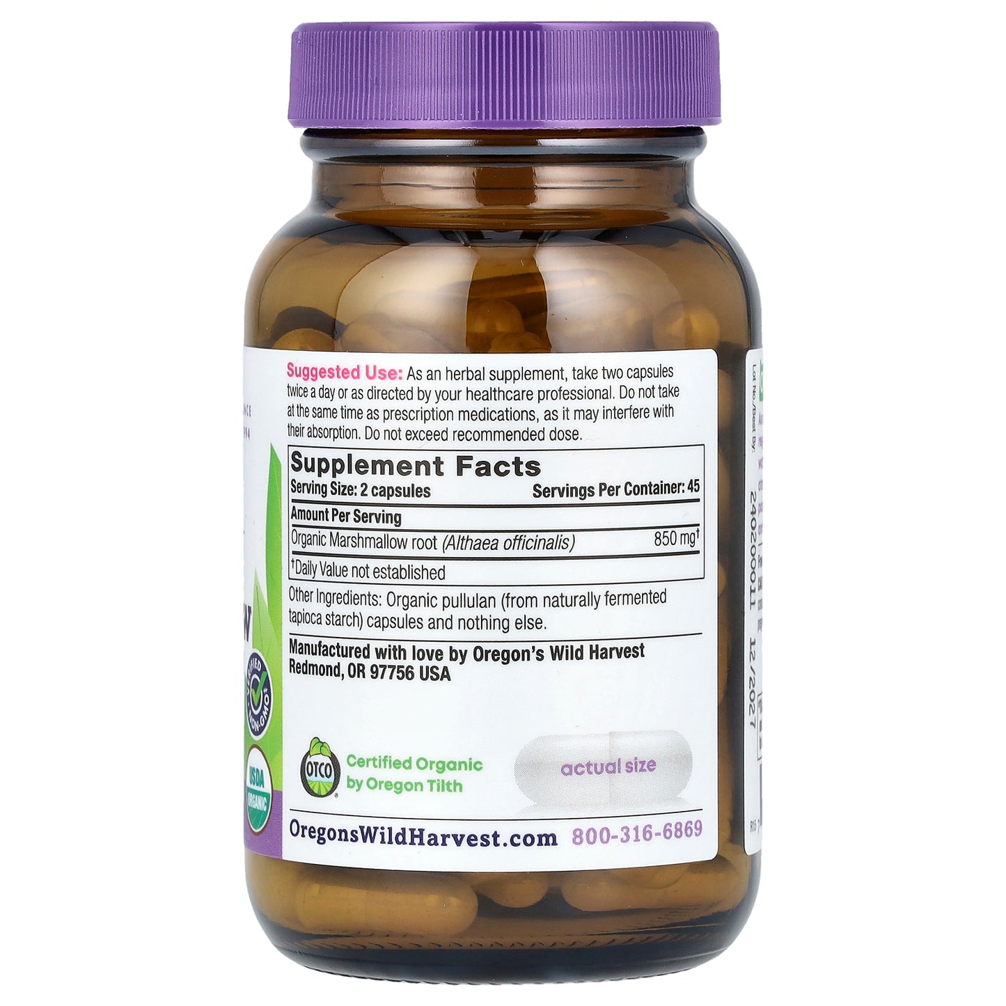 Oregon's Wild Harvest, Organic Marshmallow, 90 Organic Vegan Capsules (425 mg per Capsule)