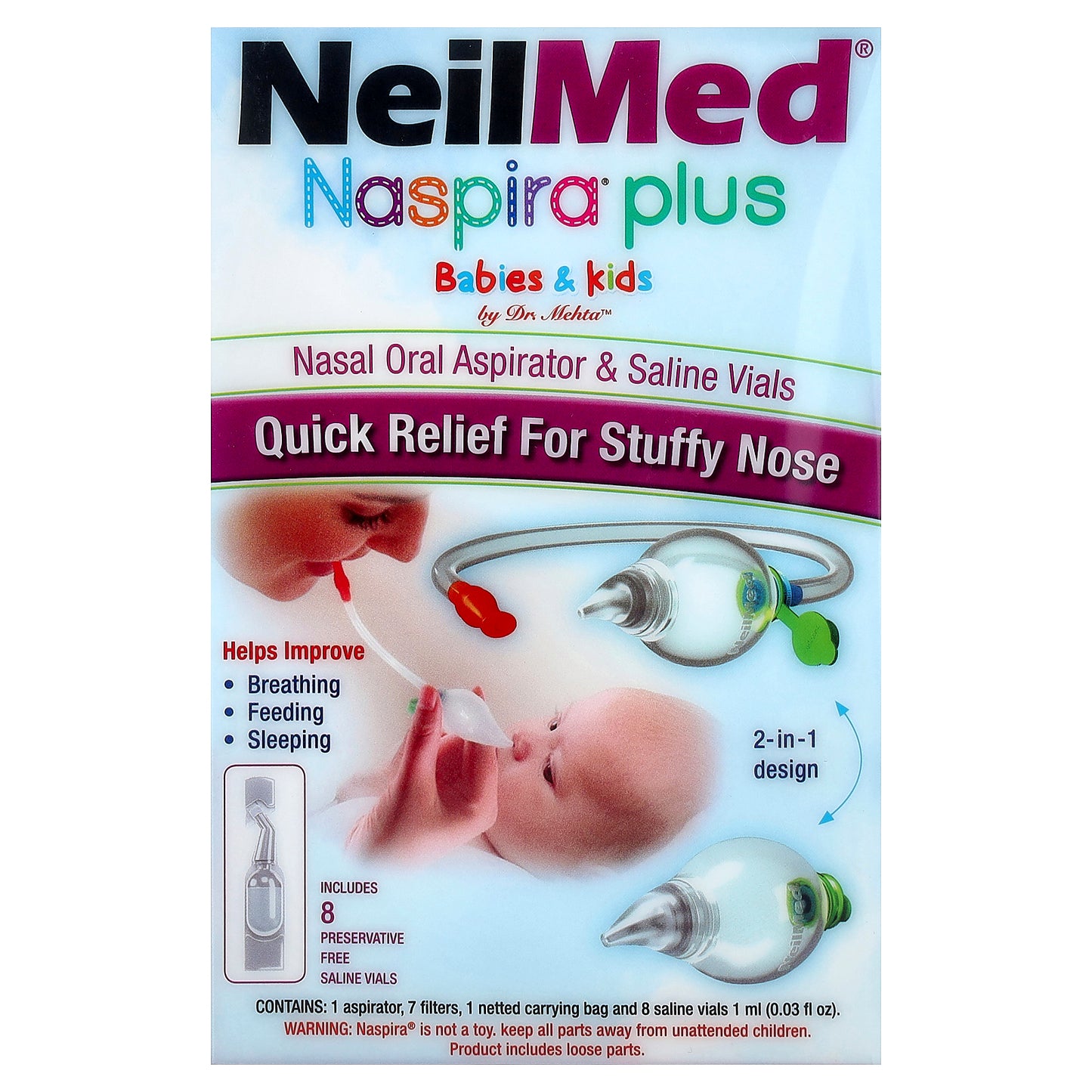 NeilMed, Naspira® Plus, Nasal Oral Aspirator & Saline Vials, Babies & Kids, 17 Piece Set