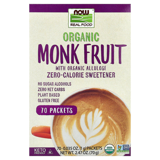 NOW Foods, Organic Monk Fruit, Zero-Calorie Sweetener,  70 Packets, 0.035 oz (1 g) Each