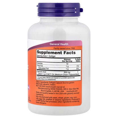 NOW Foods, Caprylic Acid, 600 mg, 100 Softgels