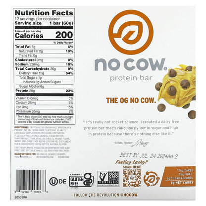 No Cow, Protein Bar, Peanut Butter Chocolate Chip, 12 Bars, 2.12 oz (60 g) Each