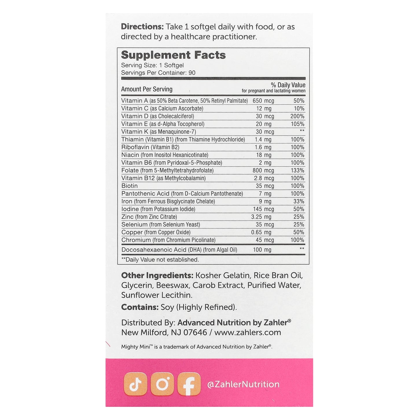 Zahler, Mighty Mini™ Prenatal + DHA, 90 Softgels