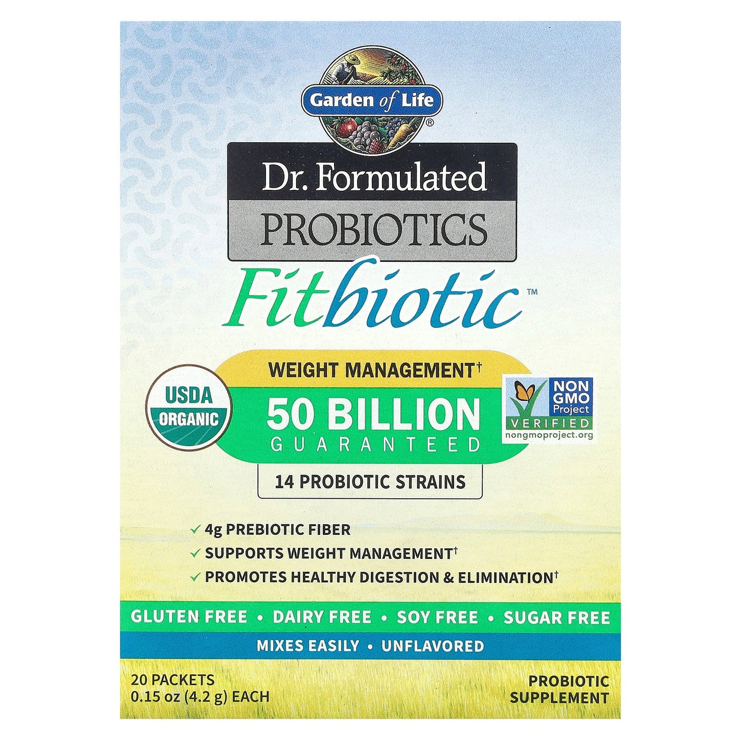 Garden of Life, Dr. Formulated Probiotics, Fitbiotic™, Unflavored, 50 Billion CFU, 20 Packets, 0.15 oz (4.2 g) Each
