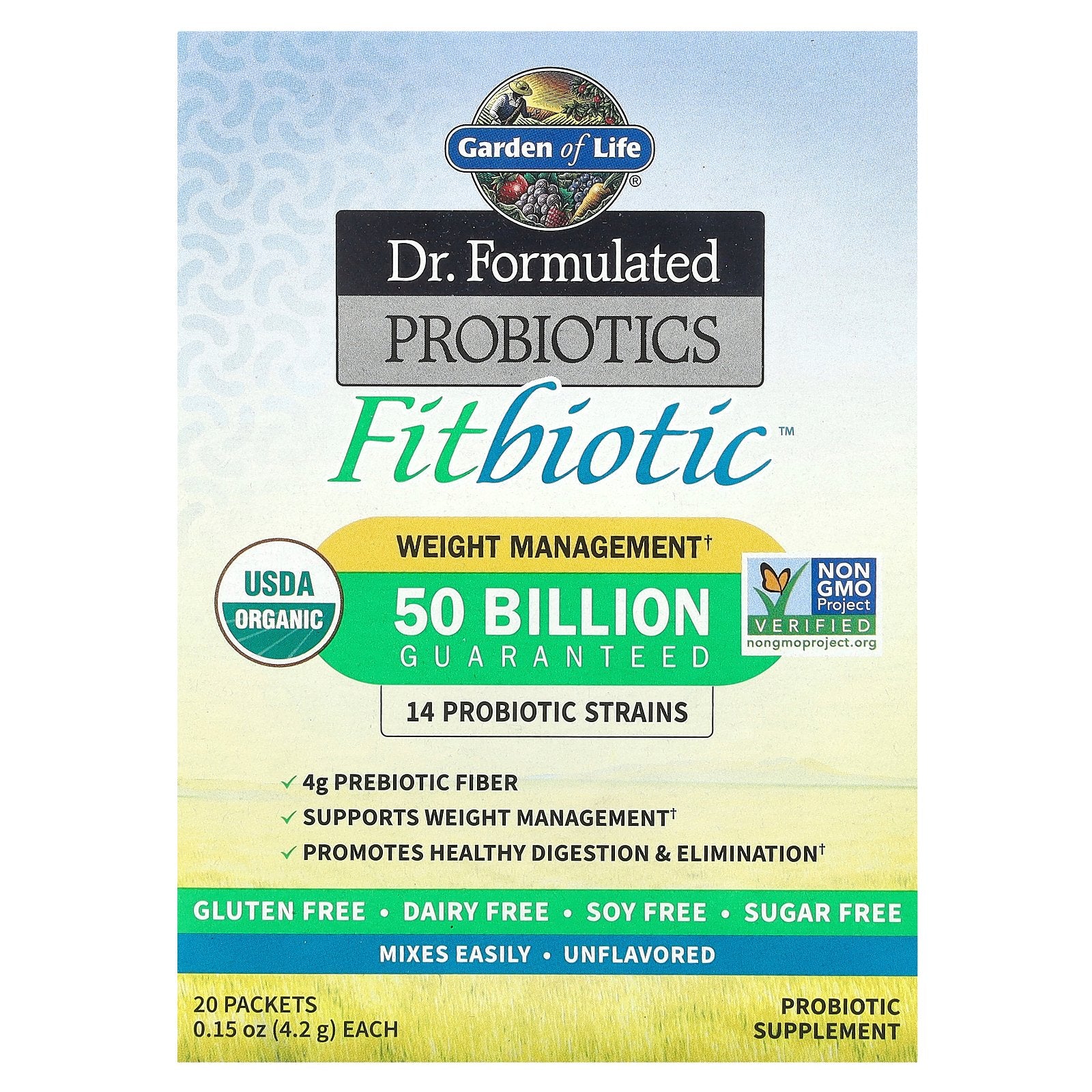 Garden of Life, Dr. Formulated Probiotics, Fitbiotic™, Unflavored, 50 Billion CFU, 20 Packets, 0.15 oz (4.2 g) Each