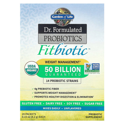 Garden of Life, Dr. Formulated Probiotics, Fitbiotic™, Unflavored, 50 Billion CFU, 20 Packets, 0.15 oz (4.2 g) Each