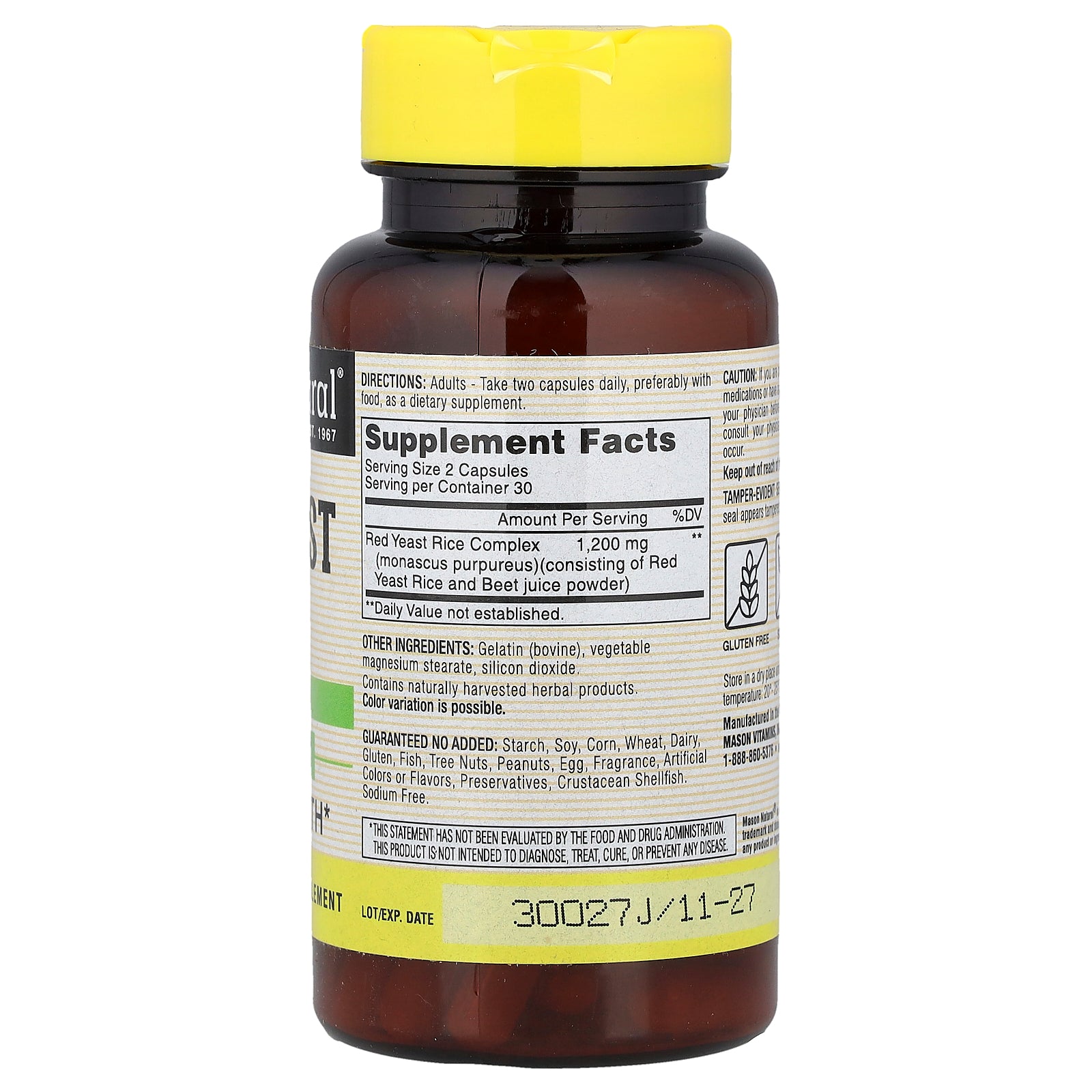 Mason Natural, Whole Herb Red Yeast Rice, 60 Capsules (600 mg per Capsule)