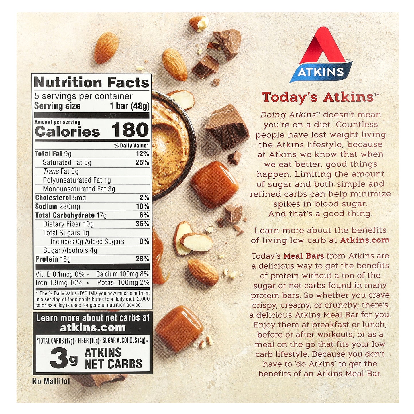 Atkins, Protein Meal Bar, Chocolate Almond Caramel, 5 Bars, 1.69 oz (48 g) Each