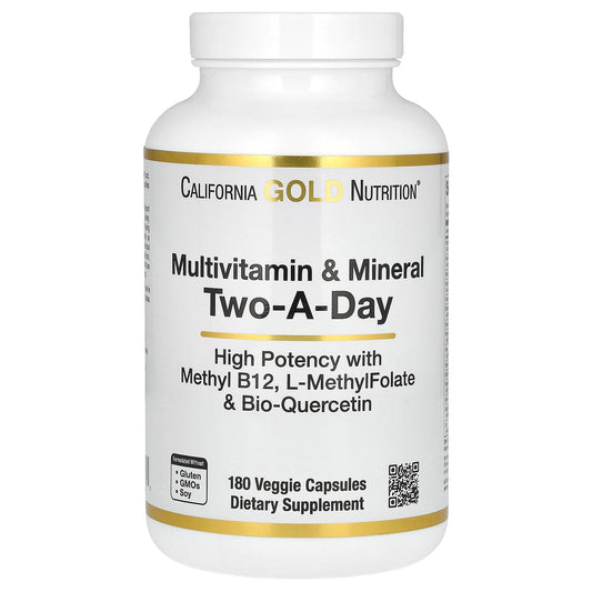 California Gold Nutrition, Multivitamin and Mineral with Methyl B12, Vitamin C, L-MethylFolate and Bio-Quercetin, Two-A-Day, 180 Veggie Capsules