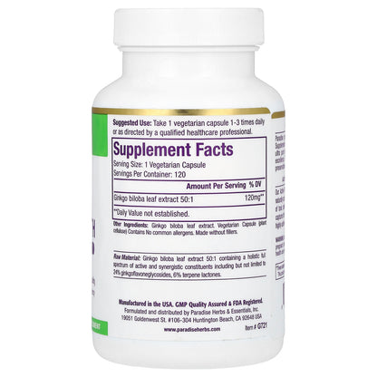 Paradise Herbs, Ginkgo, 120 mg, 120 Vegetarian Capsules
