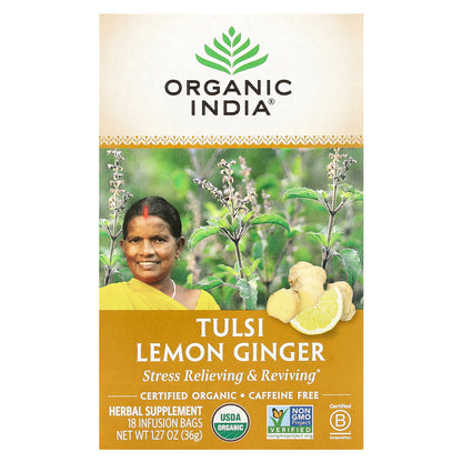 Organic India, Tulsi Tea, Lemon Ginger, Caffeine-Free, 18 Infusion Bags, 1.27 oz (36 g)