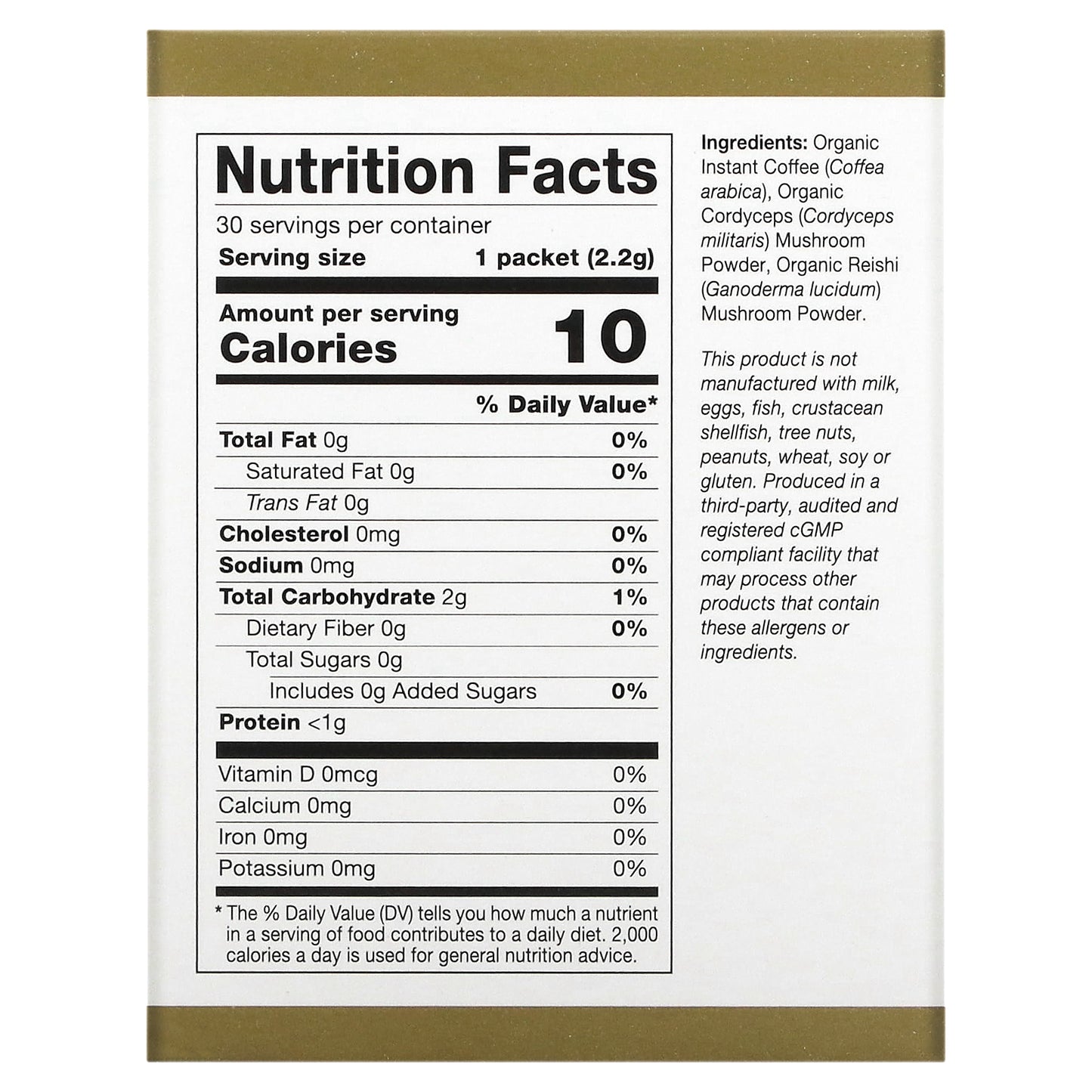 California Gold Nutrition, CafeCeps, Certified Organic Instant Coffee with Cordyceps, and Reishi Mushroom Powder, 30 Packets, 0.08 oz (2.2 g) Each