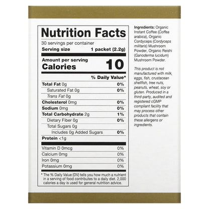 California Gold Nutrition, CafeCeps, Certified Organic Instant Coffee with Cordyceps, and Reishi Mushroom Powder, 30 Packets, 0.08 oz (2.2 g) Each