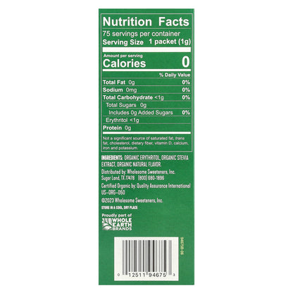 Wholesome Sweeteners, Organic Stevia With Erythritol, Zero Calorie Sweetener, 75 Individual Packets, 2.64 oz (75 g)