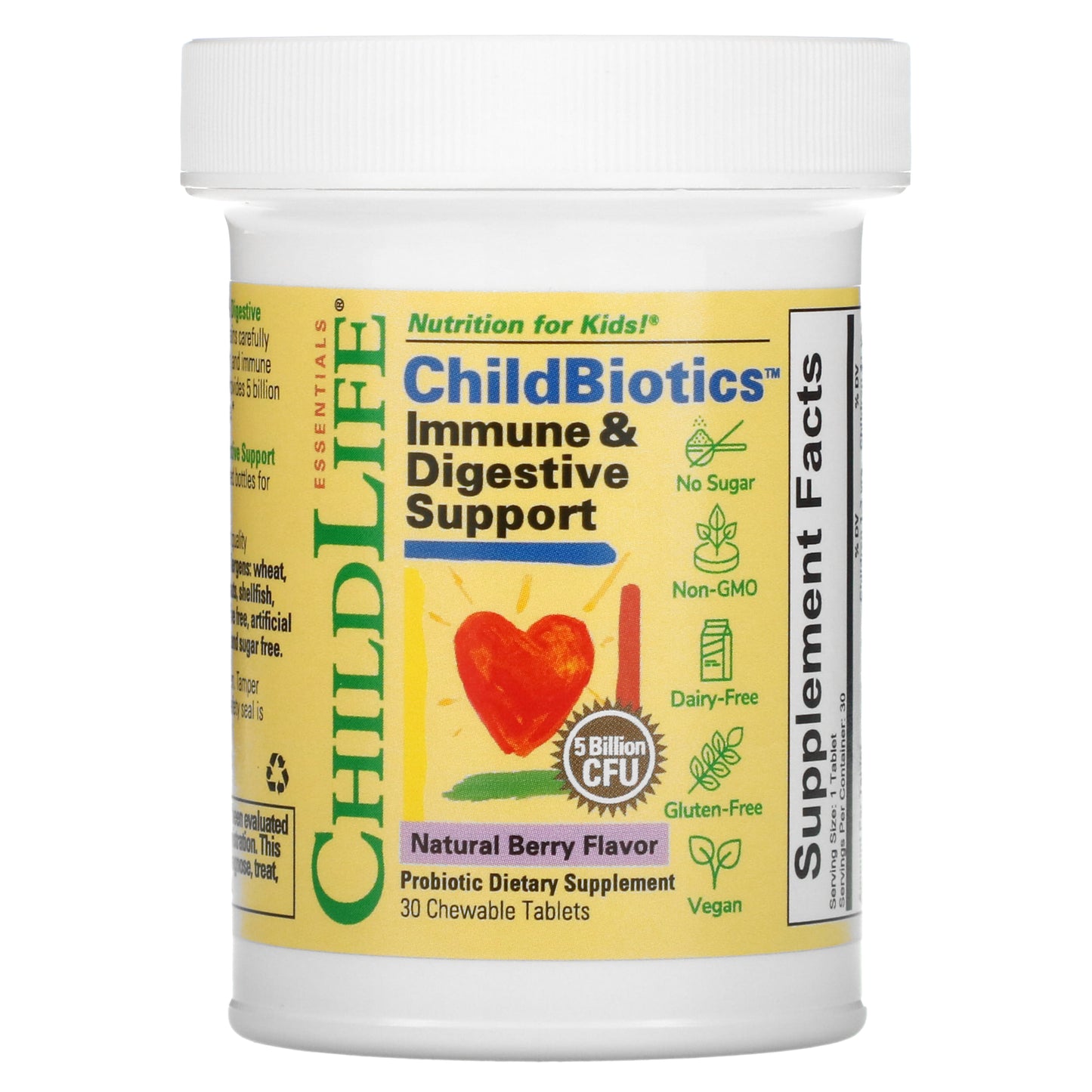 ChildLife Essentials, ChildBiotics, Immune & Digestive Support, Natural Berry, 5 Billion CFU, 30 Chewable Tablets