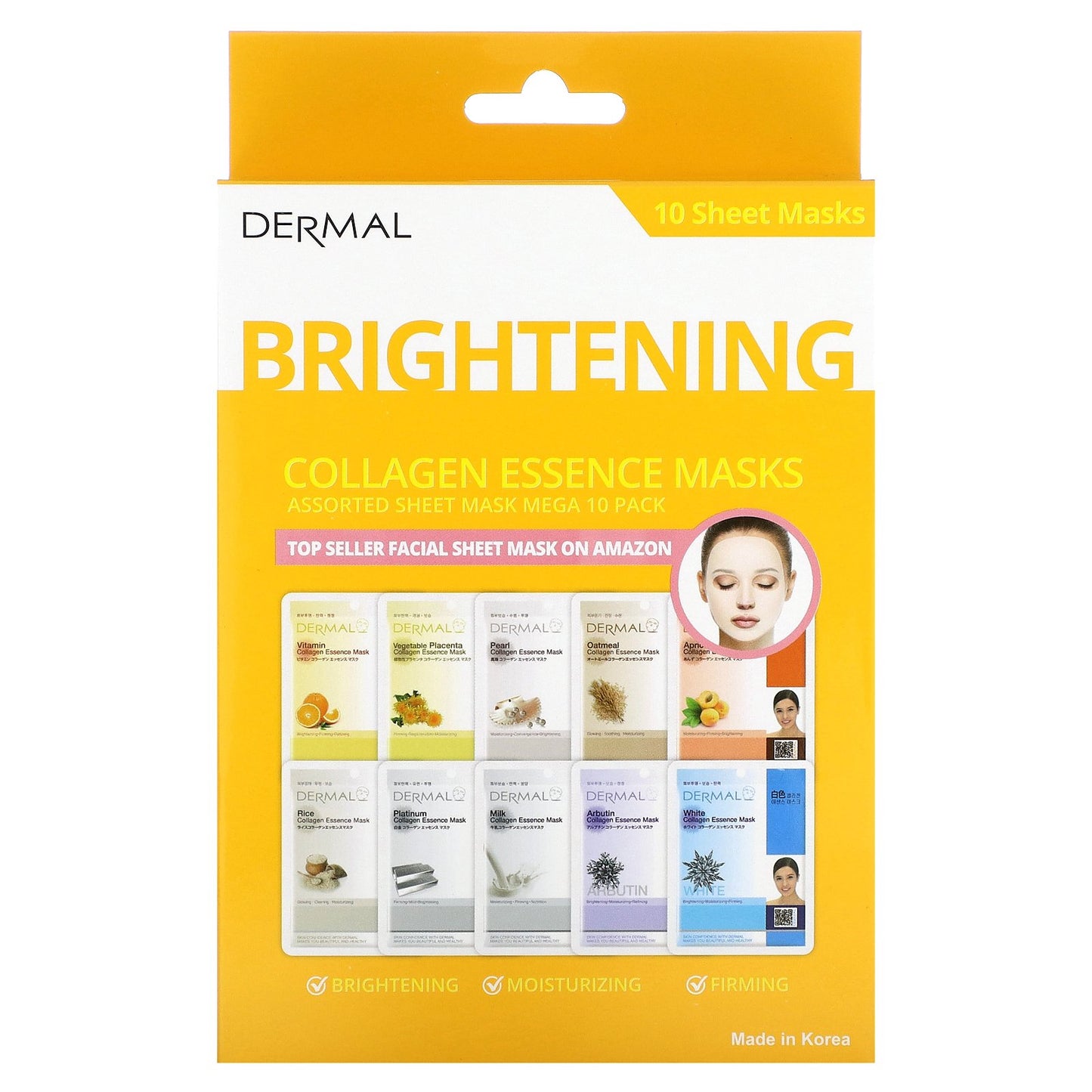 Dermal, Collagen Essence Beauty Masks, Brightening, Assorted, 10 Sheets, 0.81 oz (23 g) Each