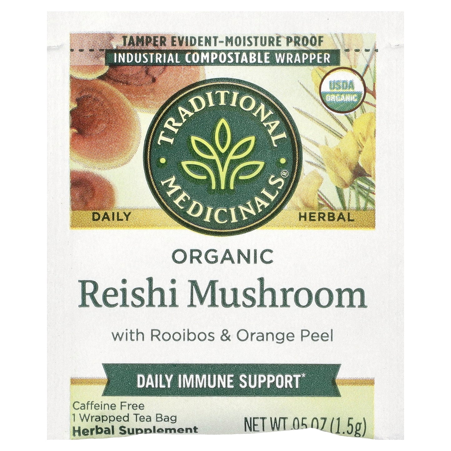 Traditional Medicinals, Organic Reishi Mushroom with Rooibos & Orange Peel, Caffeine Free, 16 Wrapped Tea Bags, 0.85 oz (24 g)