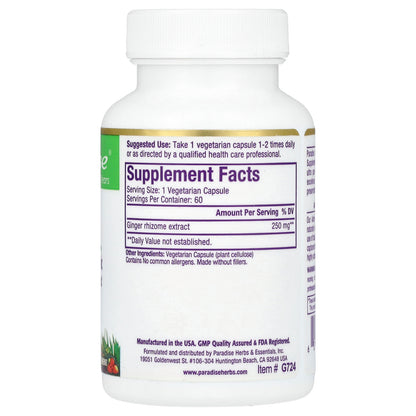 Paradise Herbs, Ginger, 60 Vegetarian Capsules (250 mg per Capsule)