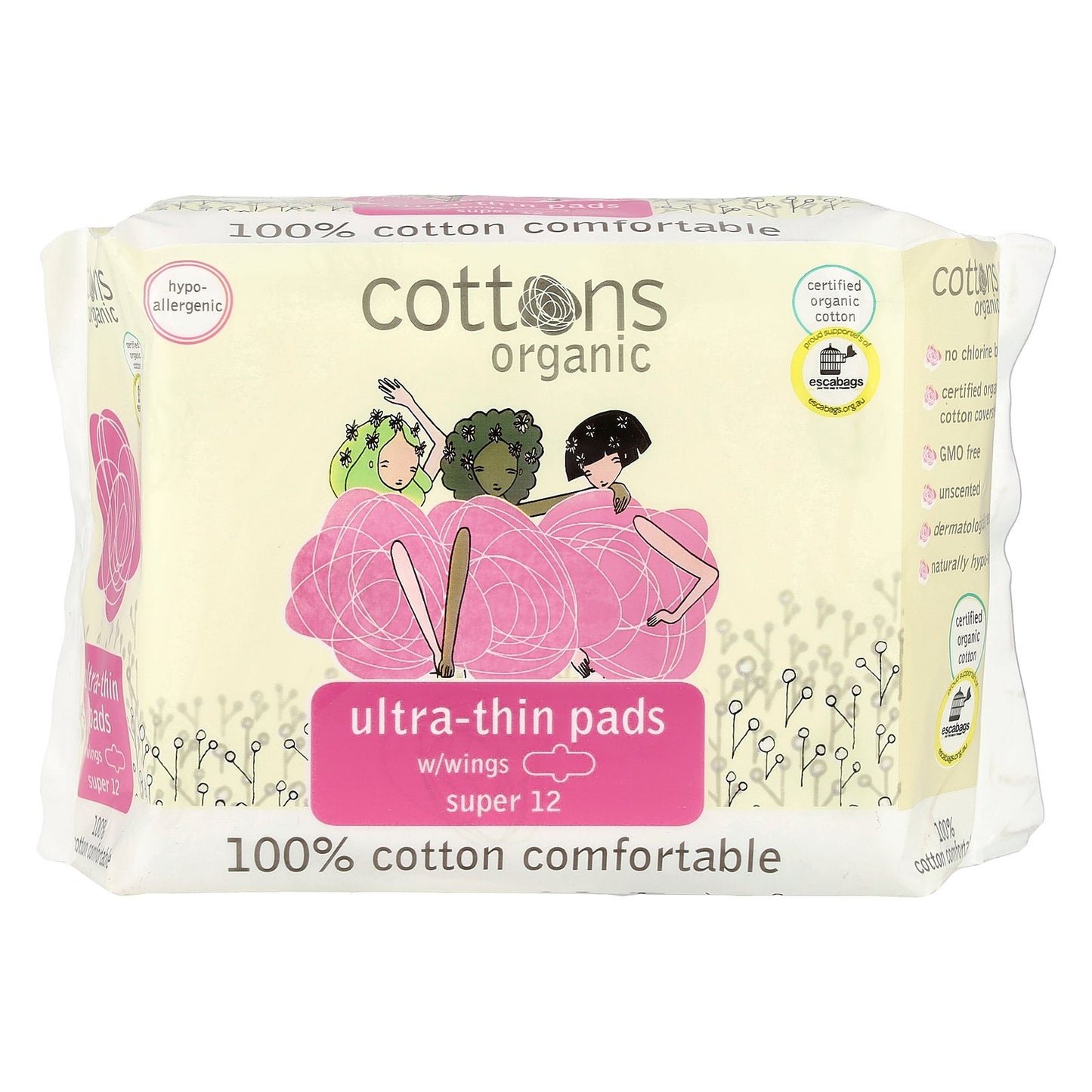 Cottons, Ultra-Thin Pads with Wings, Super, 12 Pads