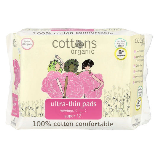 Cottons, Ultra-Thin Pads with Wings, Super, 12 Pads