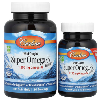 Carlson, Wild Caught Super Omega-3 Gems®, 1,200 mg, 100 + 30 Soft Gels (600 mg per Soft Gel)