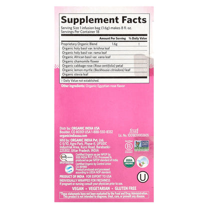 Organic India, Tulsi Sweet Rose Tea, Caffeine Free, 18 Infusion Bags, 1.01 oz (28.8 g)