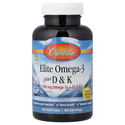 Carlson, Elite Omega-3 Plus D & K, Natural Lemon, 60 Soft Gels