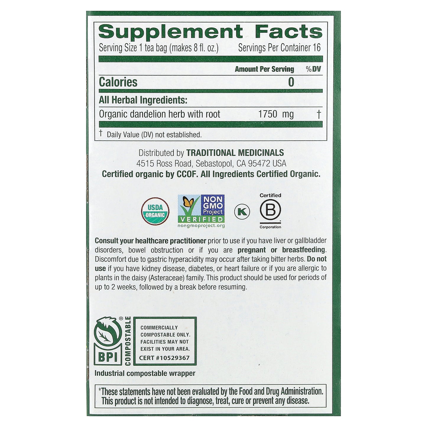 Traditional Medicinals, Organic Dandelion Leaf & Root Tea, Caffeine Free, 16 Wrapped Tea Bags, 0.99 oz (28 g)