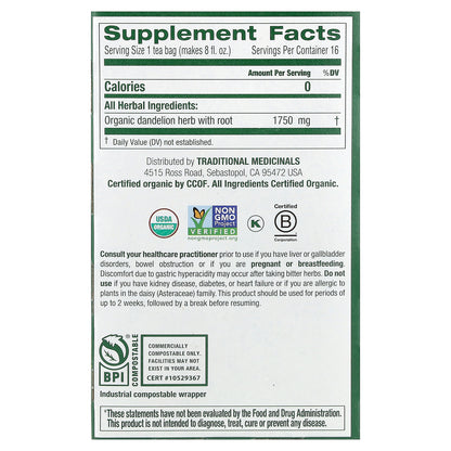 Traditional Medicinals, Organic Dandelion Leaf & Root Tea, Caffeine Free, 16 Wrapped Tea Bags, 0.99 oz (28 g)