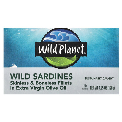 Wild Planet, Wild Sardines, Skinless & Boneless Fillets in Extra Virgin Olive Oil, 4.25 oz (120 g)