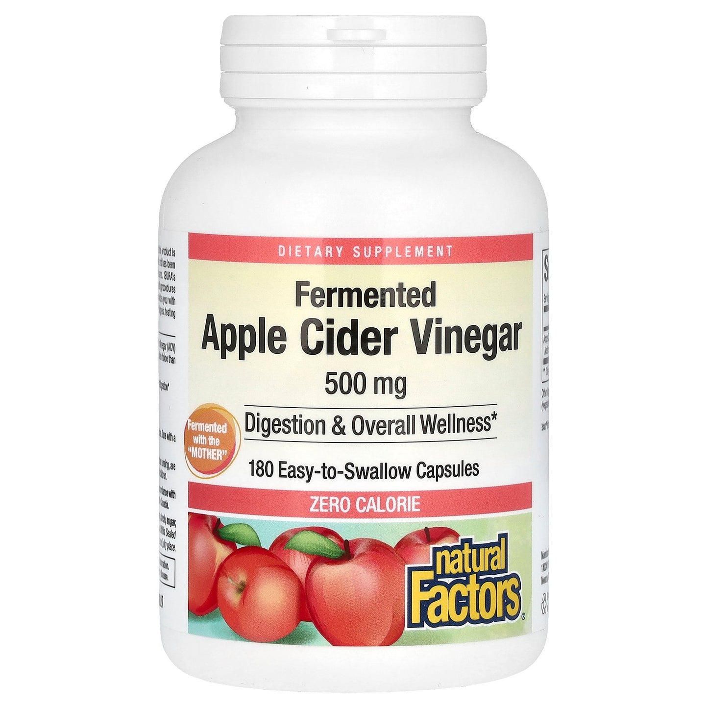 Natural Factors, Fermented Apple Cider Vinegar, 500 mg, 180 Easy to Swallow Capsules
