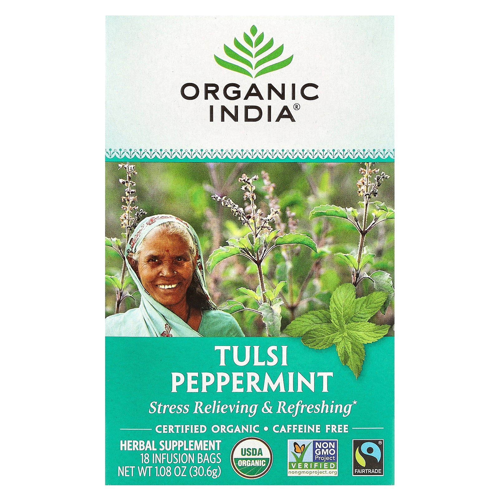 Organic India, Tulsi Tea, Peppermint, Caffeine Free, 18 Infusion Bags, 1.08 oz (30.6 g)