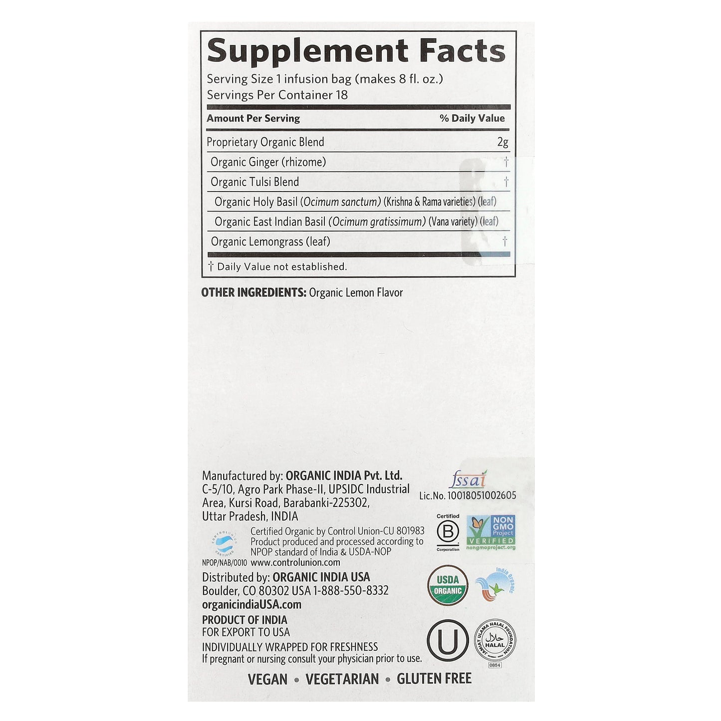 Organic India, Tulsi Lemon Ginger Tea, Caffeine-Free, 18 Infusion Bags, 1.27 oz (36 g)