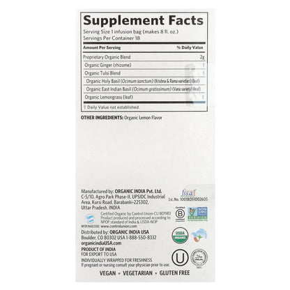 Organic India, Tulsi Lemon Ginger Tea, Caffeine-Free, 18 Infusion Bags, 1.27 oz (36 g)