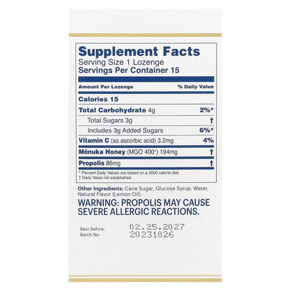 Manuka Health, Manuka Honey Lozenges, Propolis, MGO 400+, 15 Lozenges