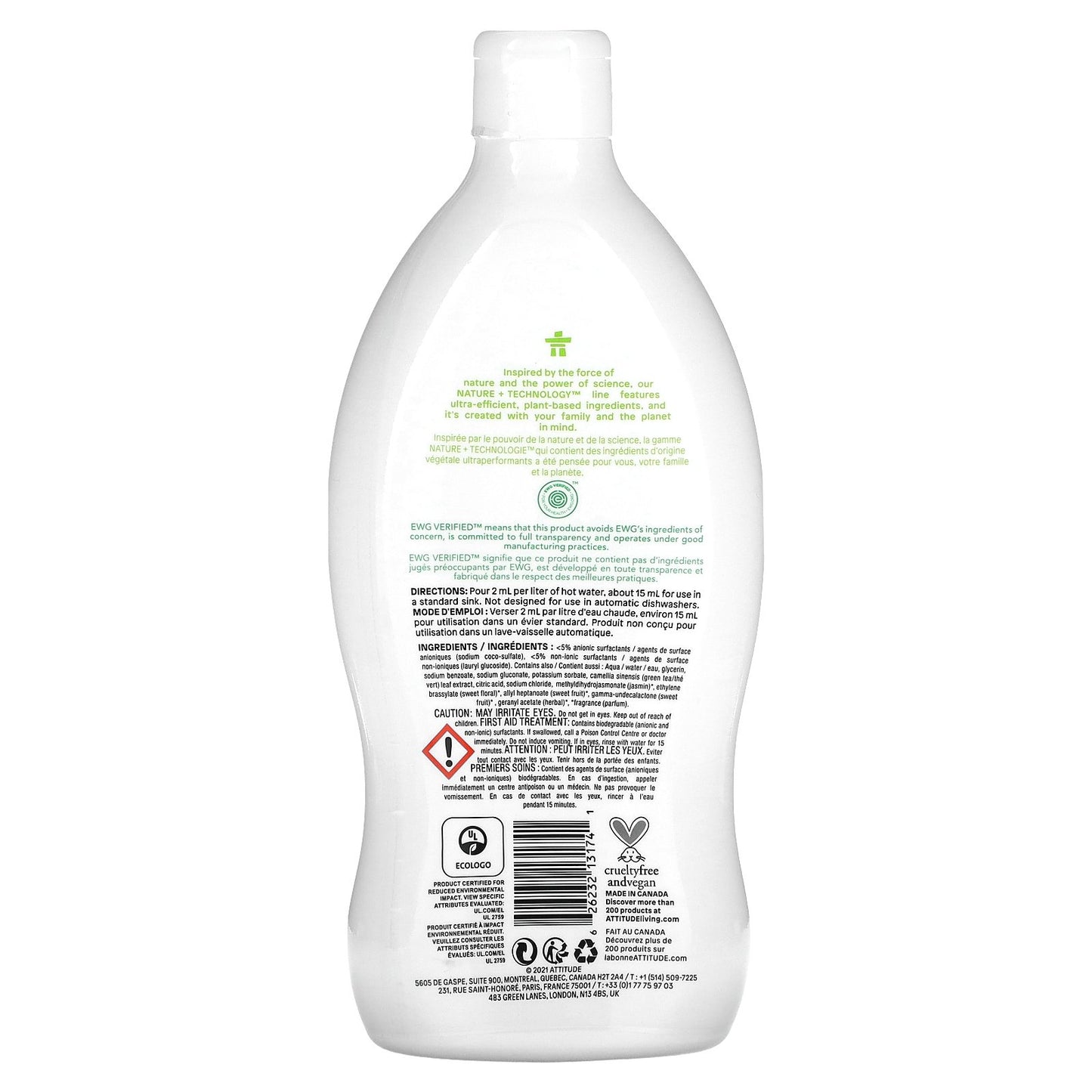 ATTITUDE, Dishwashing Liquid, Green Apple & Basil, 23.7 fl oz (700 ml)