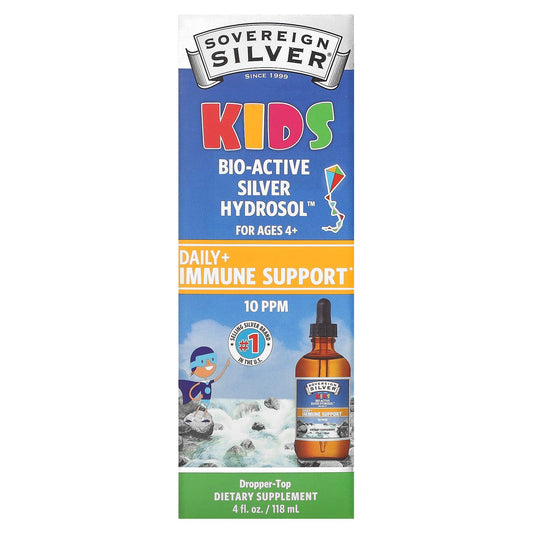 Sovereign Silver, Kids Bio-Active Silver Hydrosol, Daily+ Immune Support, Ages 4+, 16 mcg, 4 fl oz (118 ml) (10 PPM per 1.6 ml)