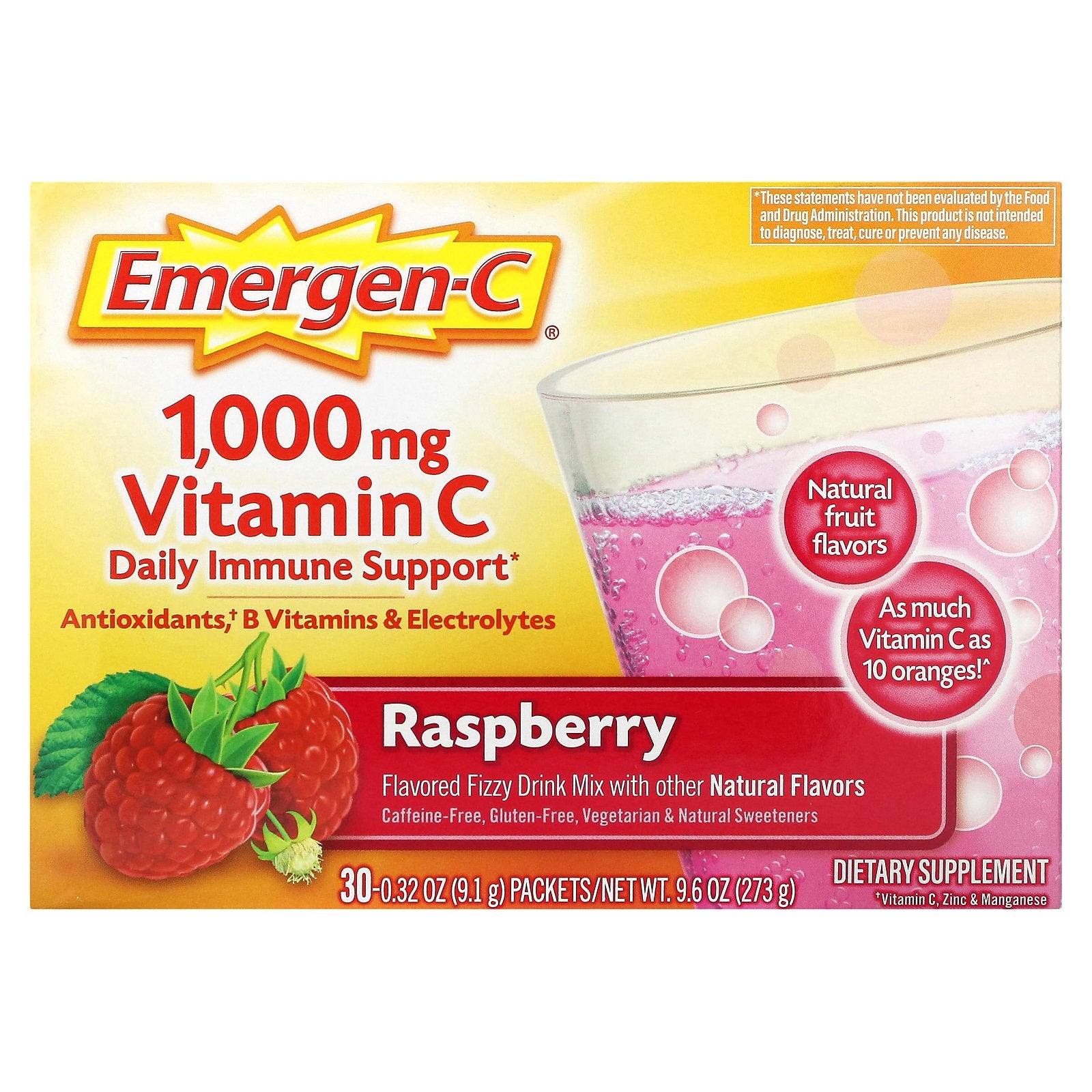 Emergen-C, Vitamin C, Raspberry, 1,000 mg, 30 Packets, 0.32 oz (9.1 g) Each