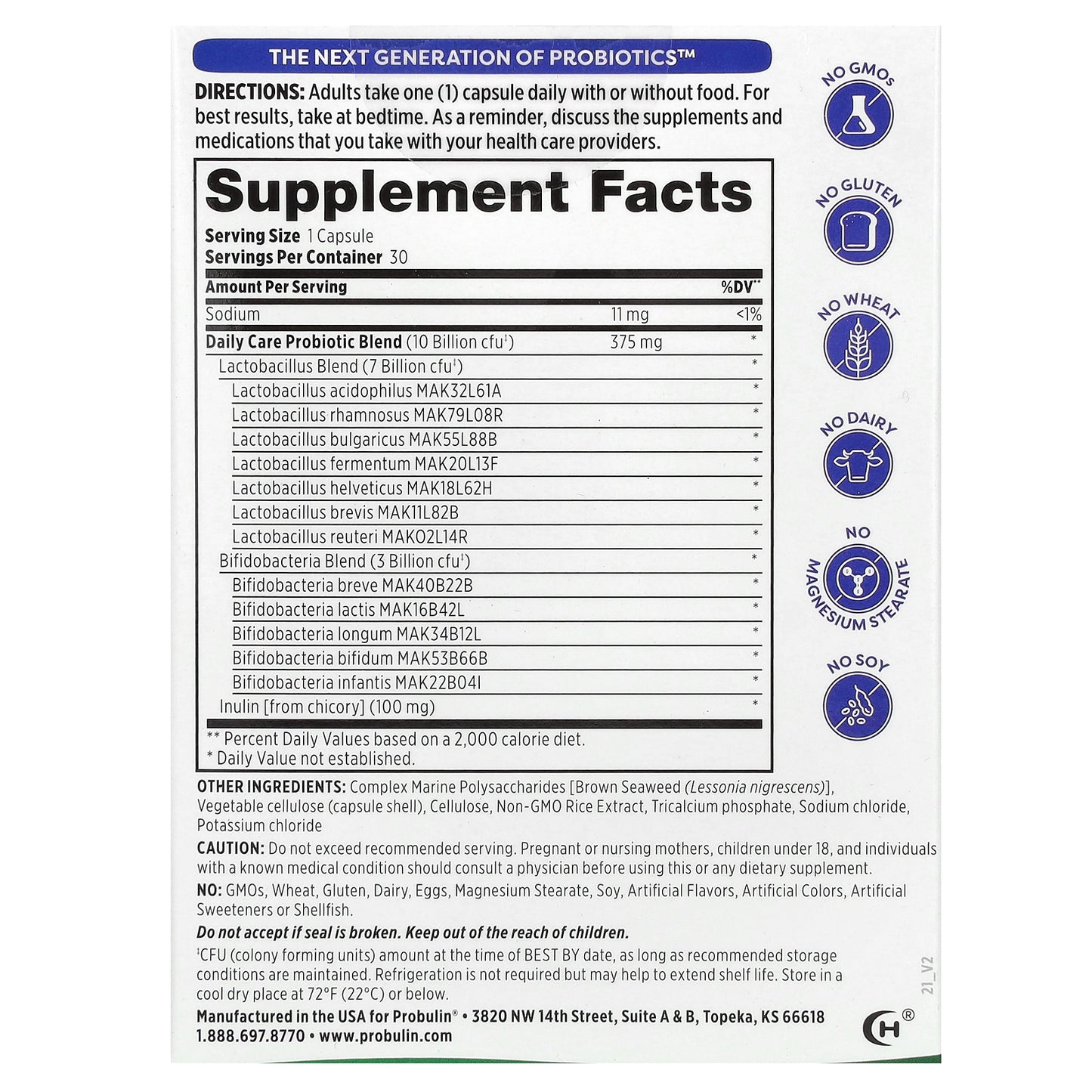 Probulin, Daily Care Probiotic, 10 Billion CFU, 30 Capsules