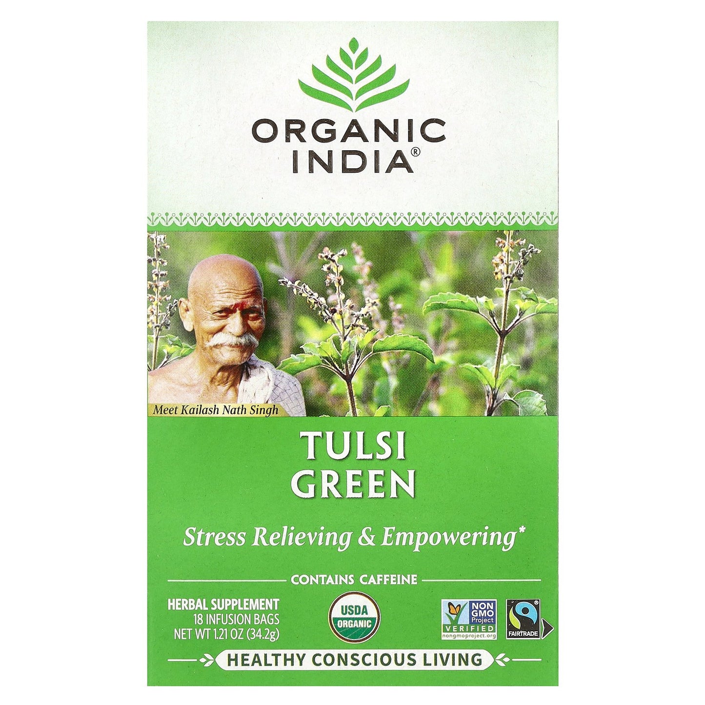 Organic India, Tulsi Green Tea, 18 Infusion Bags, 1.21 oz (34.2 g)